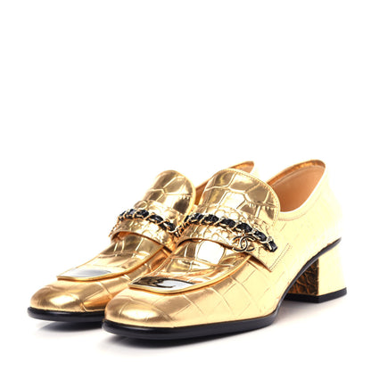 Chanel Metallic Crocodile Embossed Calfskin CC Chain Mocassin Loafers 38 Gold 3 of 11