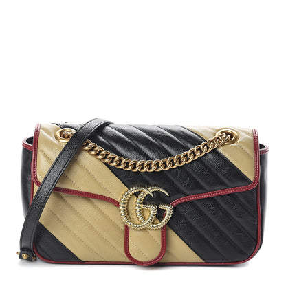 Gucci Vintage Effect Calfskin Matelasse Diagonal Striped Small Torchon GG Marmont Shoulder Bag Black Beige 1 of 8