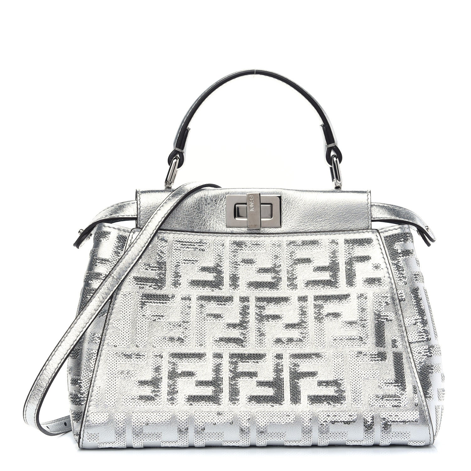 Fendi Vitello Catalan Mirror Sequin FF 1974 Embroidered Mini Peekaboo Iconic Satchel Argento 1 of 8