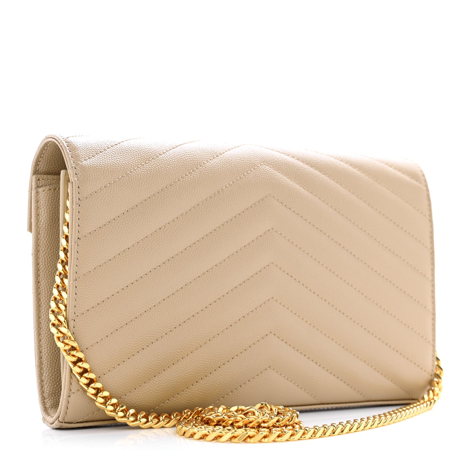 Saint Laurent Grain De Poudre Matelasse Chevron Monogram Chain Wallet Dark Beige 3 of 10