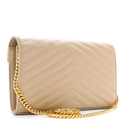 Saint Laurent Grain De Poudre Matelasse Chevron Monogram Chain Wallet Dark Beige 3 of 10