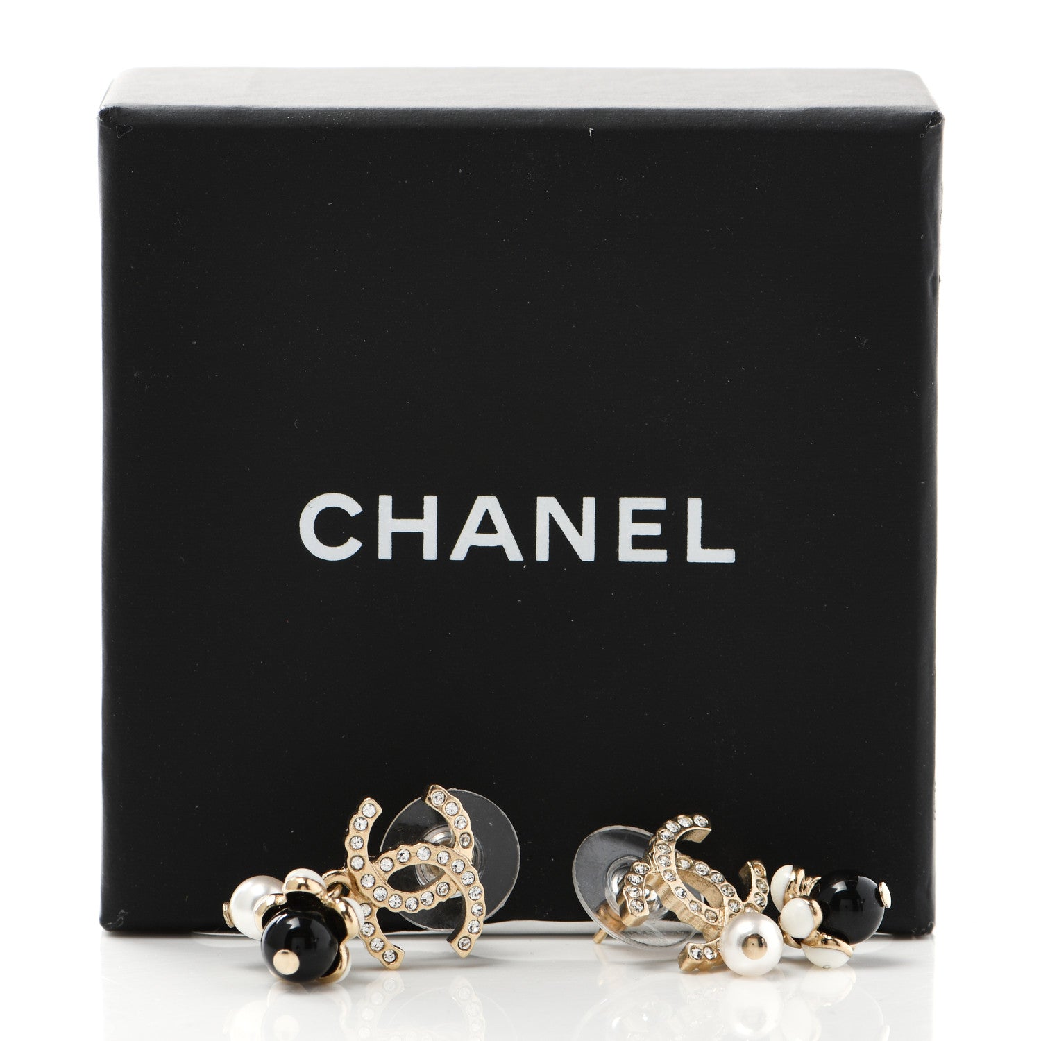 Chanel Crystal Bead Pearl CC Drop Earrings Gold White Black 5 of 5