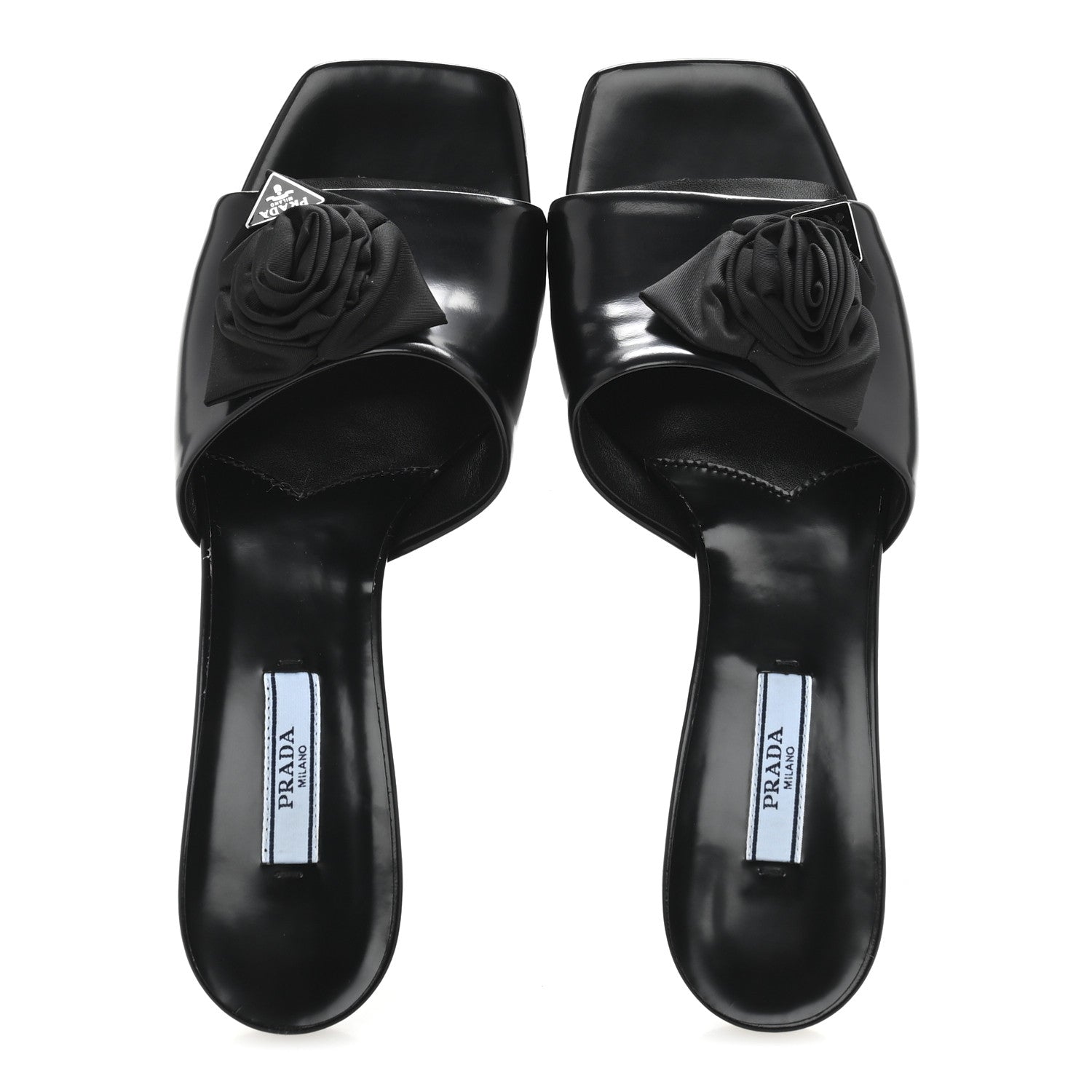 Prada Spazzolato Nylon Flower Metal Triangle Logo Slide Sandals 37 Black 2 of 9