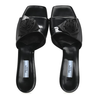 Prada Spazzolato Nylon Flower Metal Triangle Logo Slide Sandals 37 Black 2 of 9