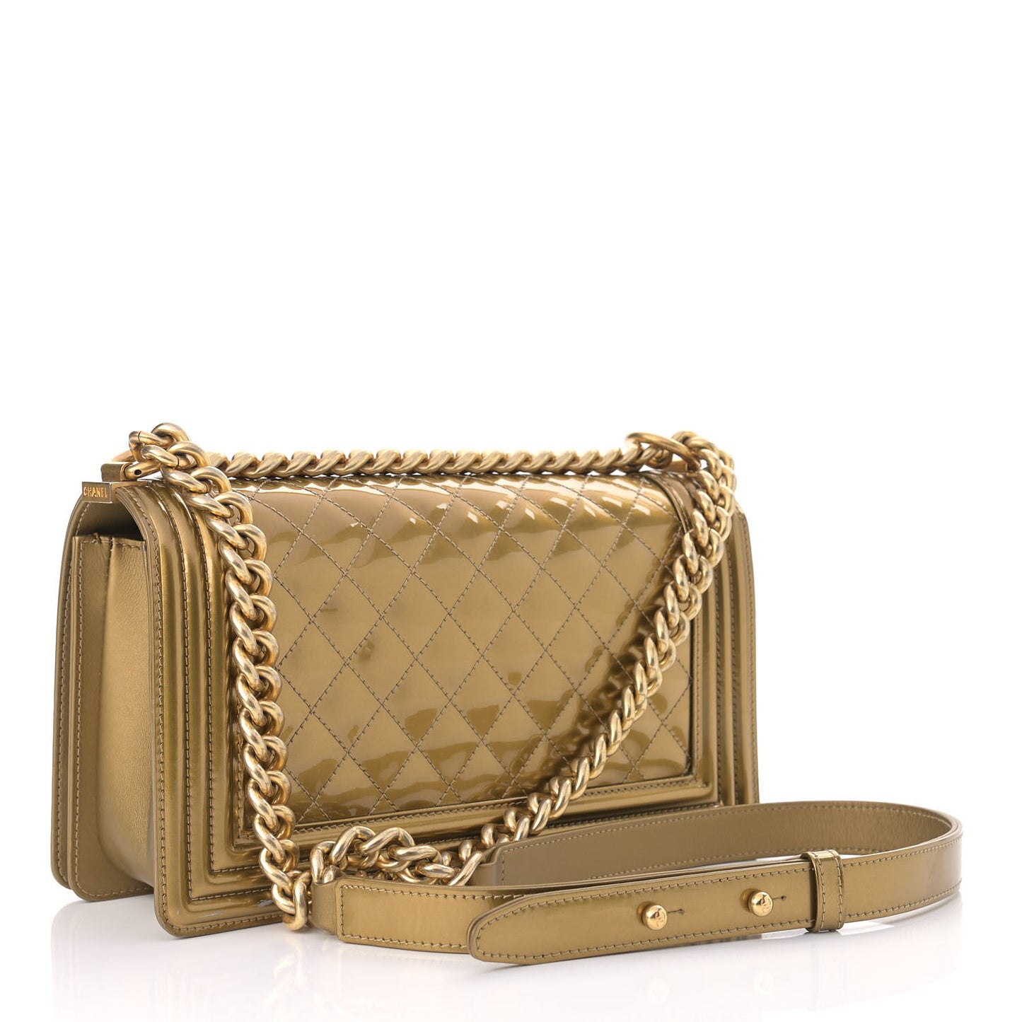 Metallic Patent Calfskin Quilted Medium Boy Flap Gold