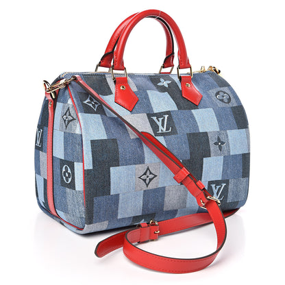 Louis Vuitton Denim Damier Monogram Patchwork Speedy Bandouliere 30 Blue Rouge 3 of 12