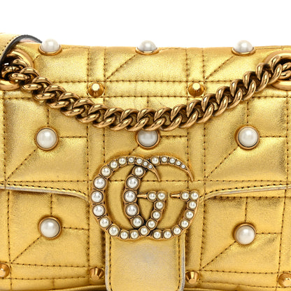 Gucci Metallic Calfskin Matelasse Studded Mini Pearly GG Marmont Shoulder Bag Gold 8 of 15