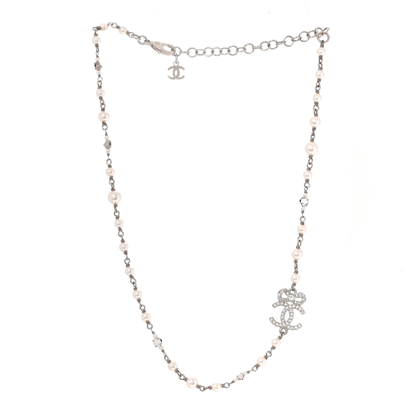 Pearl Crystal CC Bow Choker Necklace Silver Pearly White
