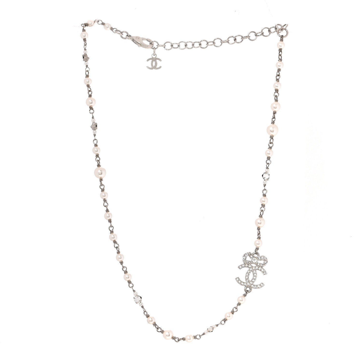Chanel Pearl Crystal CC Bow Choker Necklace Silver Pearly White 3 of 5