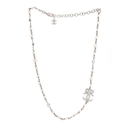 Chanel Pearl Crystal CC Bow Choker Necklace Silver Pearly White 3 of 5