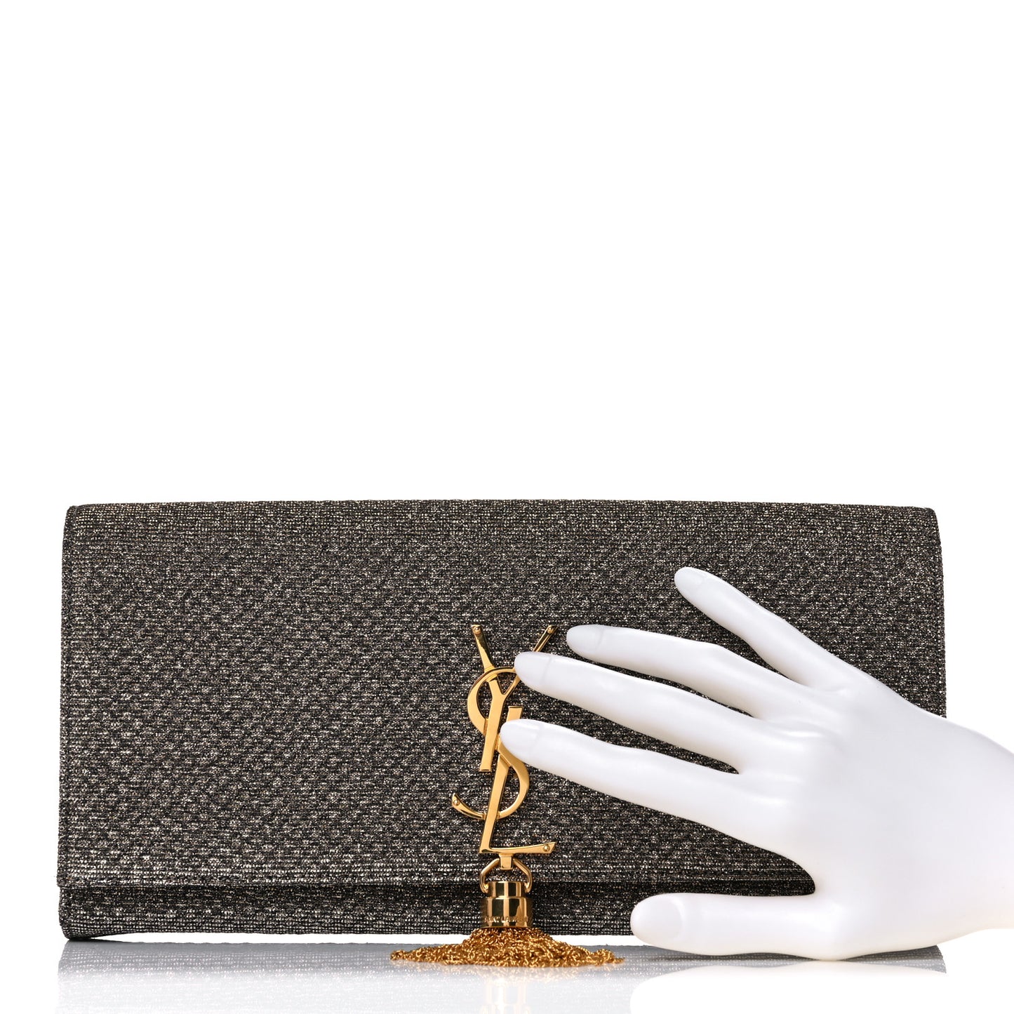 Metallic Canvas Woven Classic Monogram Tassel Clutch Silver Gold