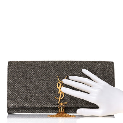 Saint Laurent Metallic Canvas Woven Classic Monogram Tassel Clutch Silver Gold 2 of 13
