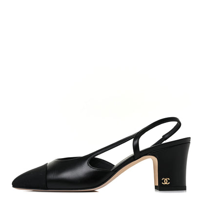 Chanel Goatskin Grosgrain Cap Toe CC Slingback Sandals 38.5 Black 1 of 9