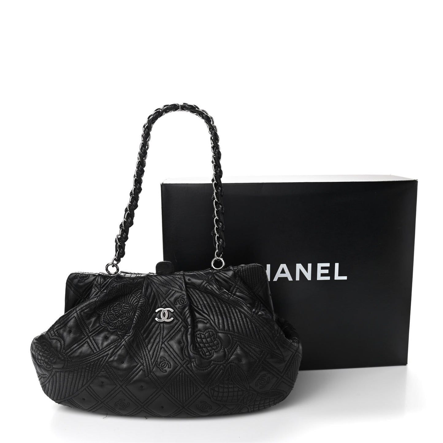 Lambskin Embroidered Frame Bag Black