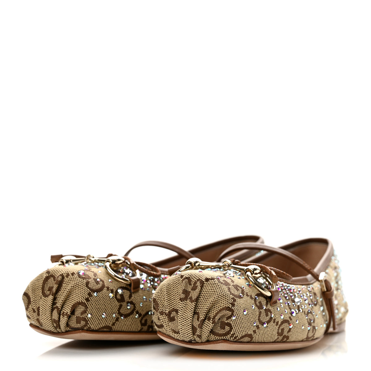 Gucci GG Monogram Crystal Horsebit Bow Ballet Flats 37 Beige Ebony Sundial 4 of 9
