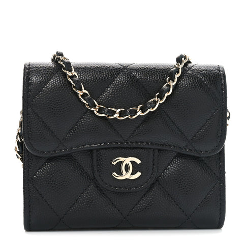 Caviar Quilted Flap Card Holder On Chain Black