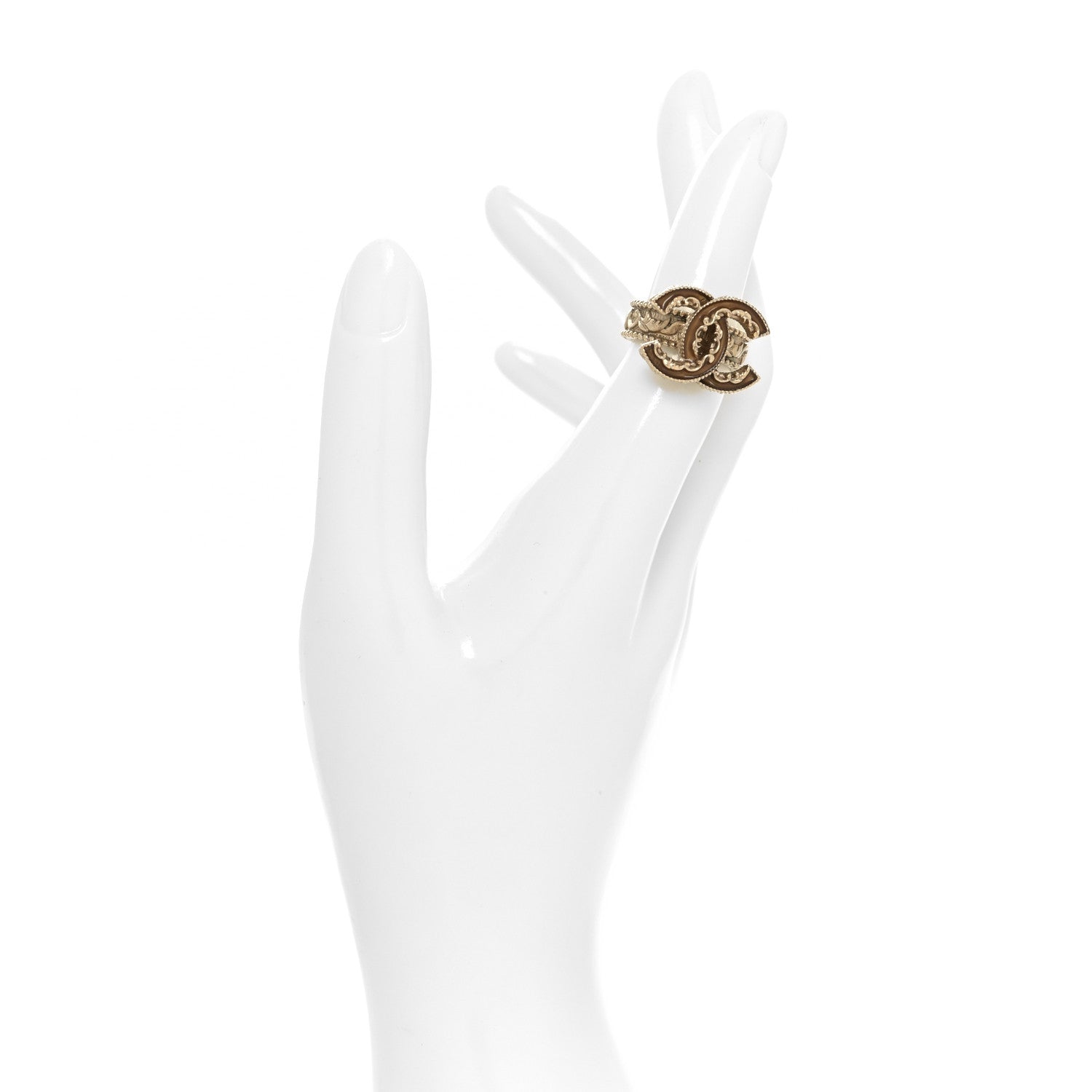 Chanel Enamel CC Baroque Ring 52 6 Beige Gold 2 of 4