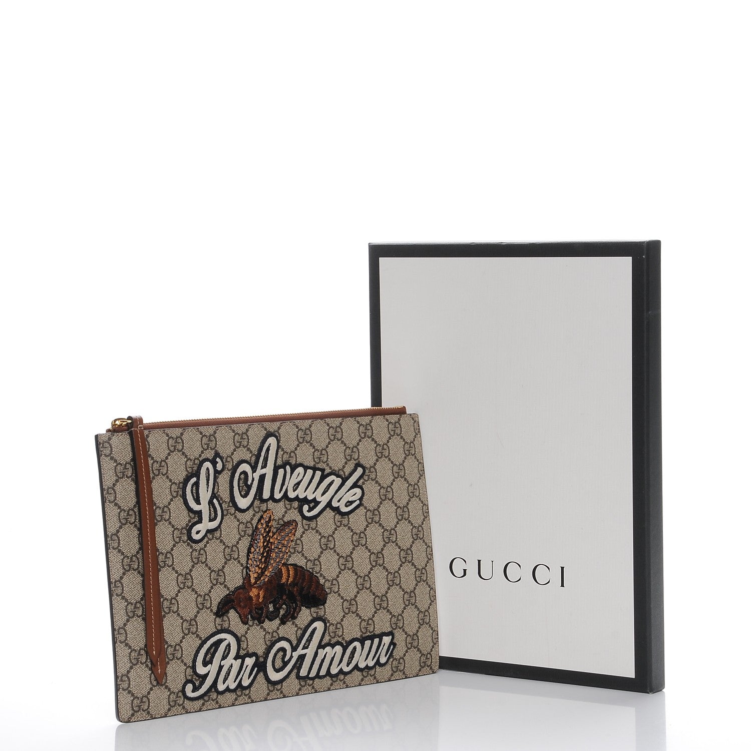 Gucci Calfskin GG Supreme Monogram Blind for Love Embroidered Large Zip Pouch Brown 8 of 8