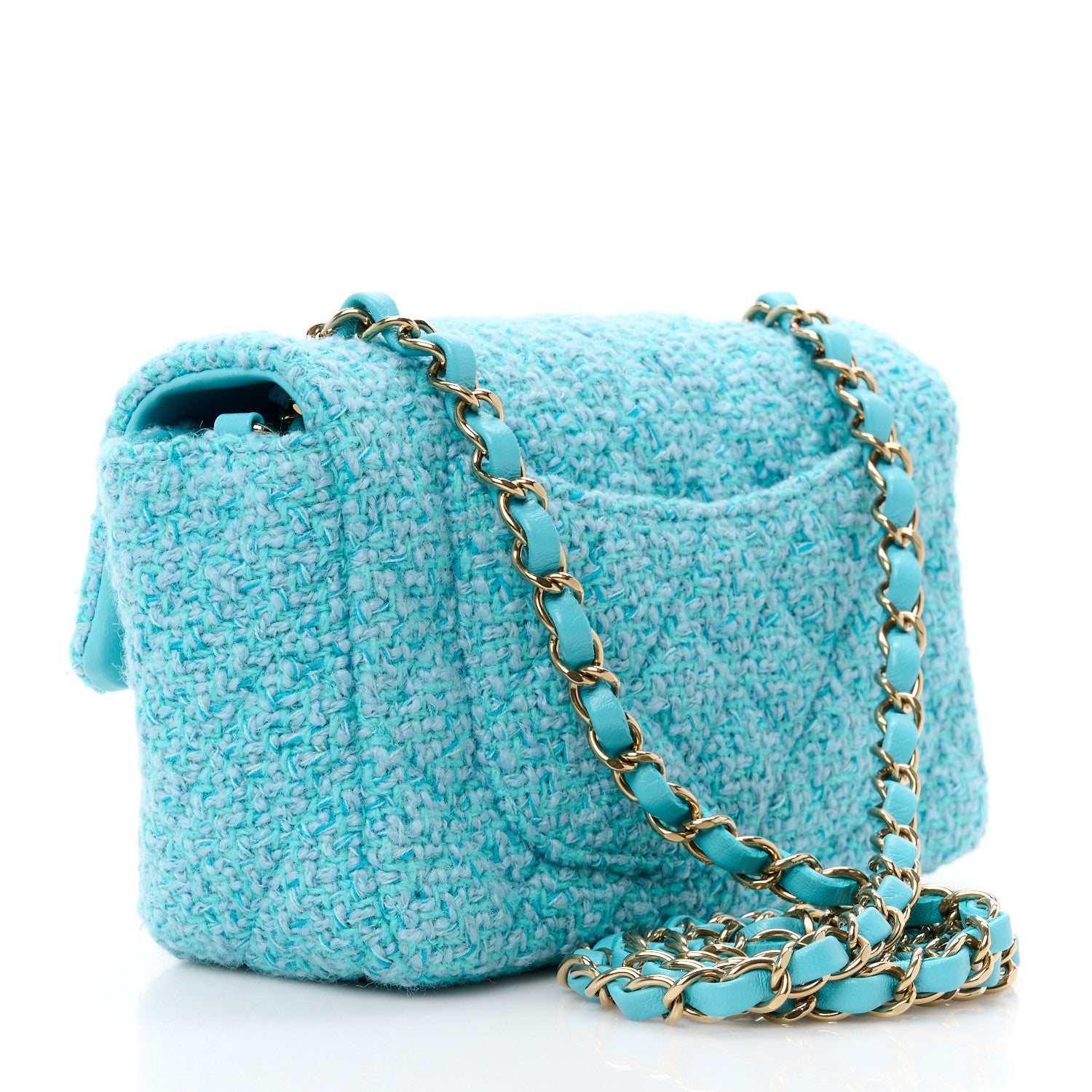 Chanel Wool Tweed Quilted Mini Rectangular Flap Turquoise Light Blue 3 of 12