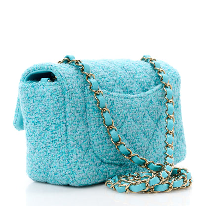 Chanel Wool Tweed Quilted Mini Rectangular Flap Turquoise Light Blue 3 of 12