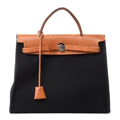 Hermes Toile Vache Calfskin Herbag 30 PM Black Natural 1 of 15