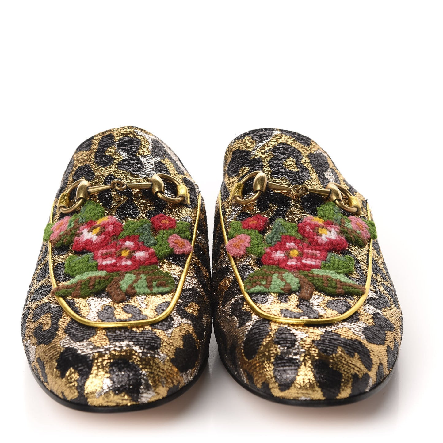 Lurex Jacquard Leopard Embroidered Princetown Slippers 40 Black Gold