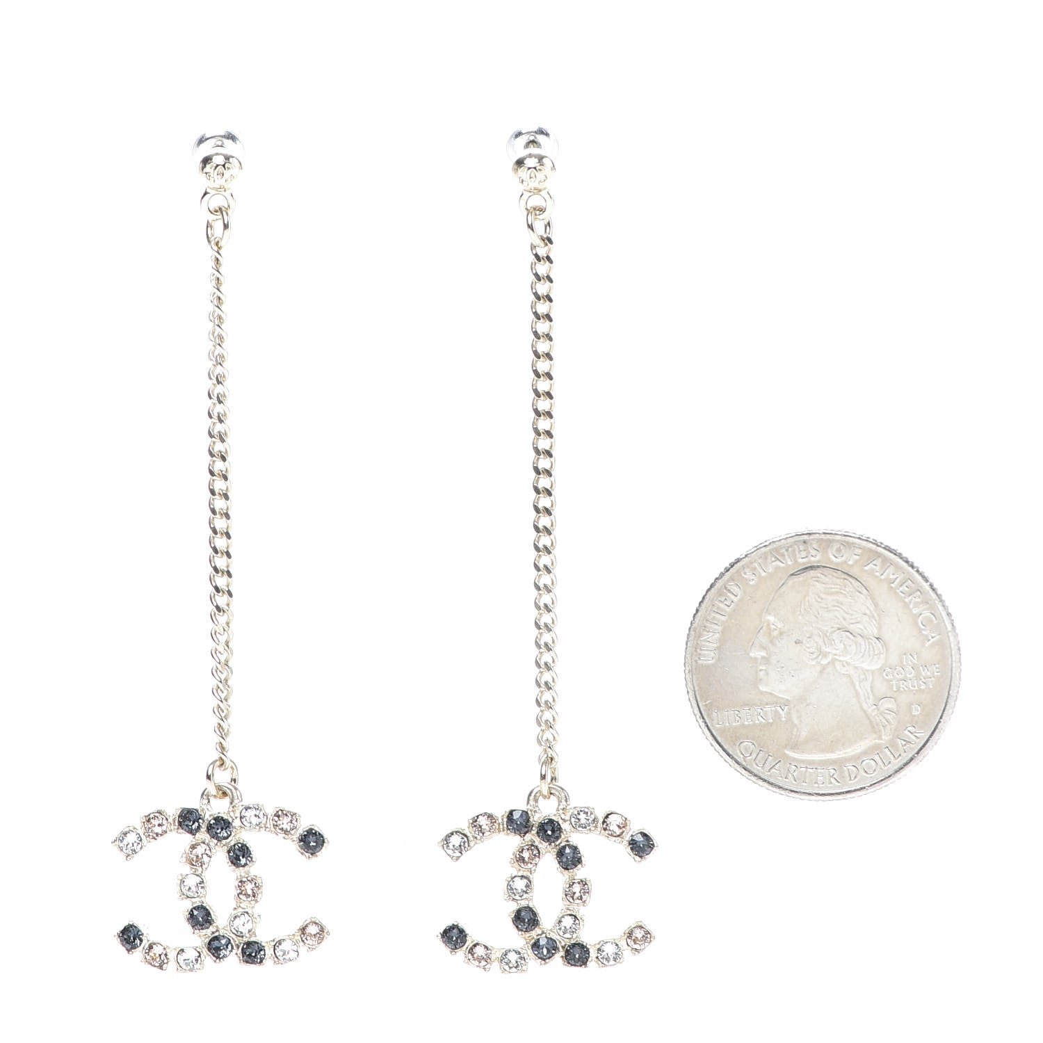 Chanel Crystal CC Drop Earrings Pink Grey Gold 2 of 5