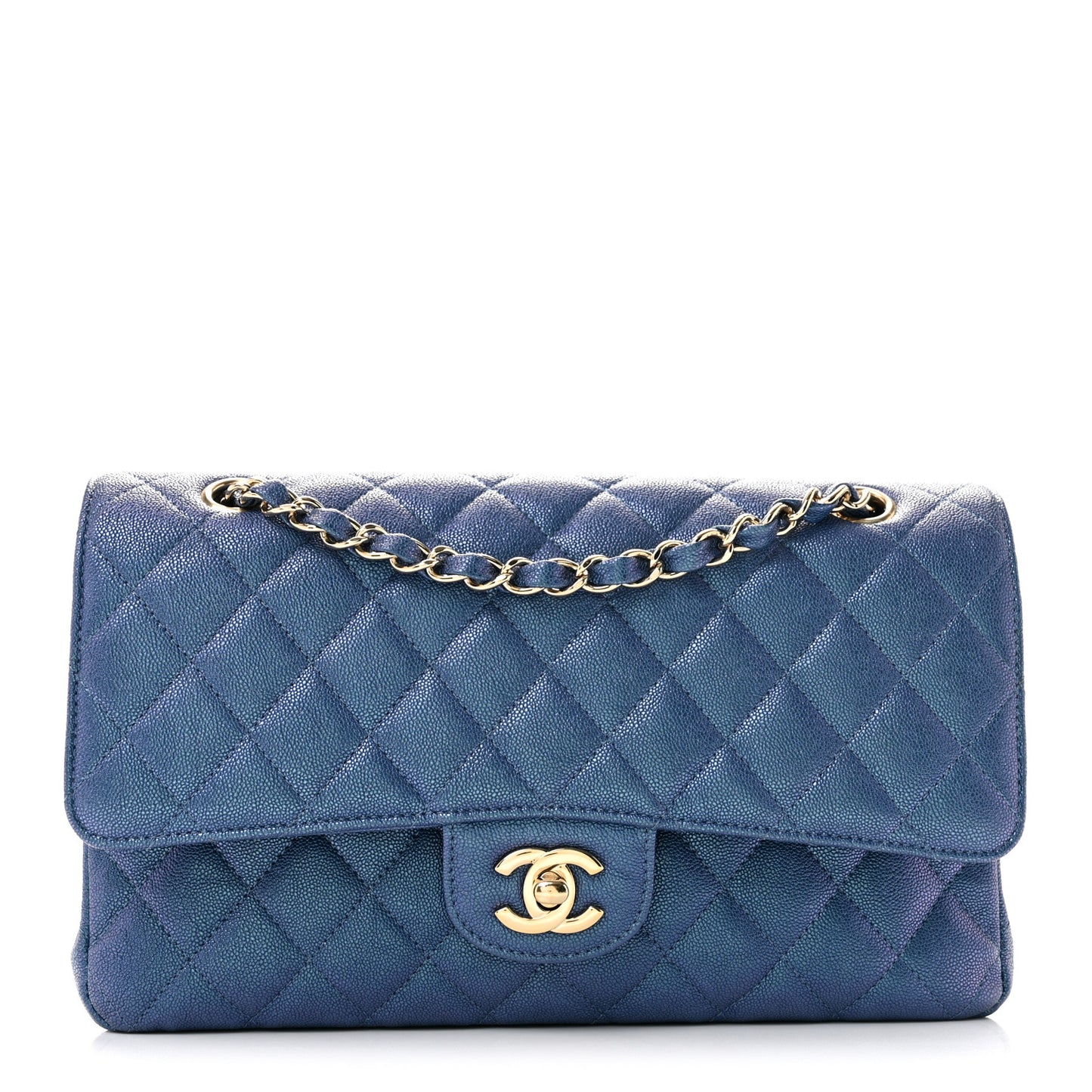 Iridescent Caviar Quilted Medium Double Flap Dark Blue