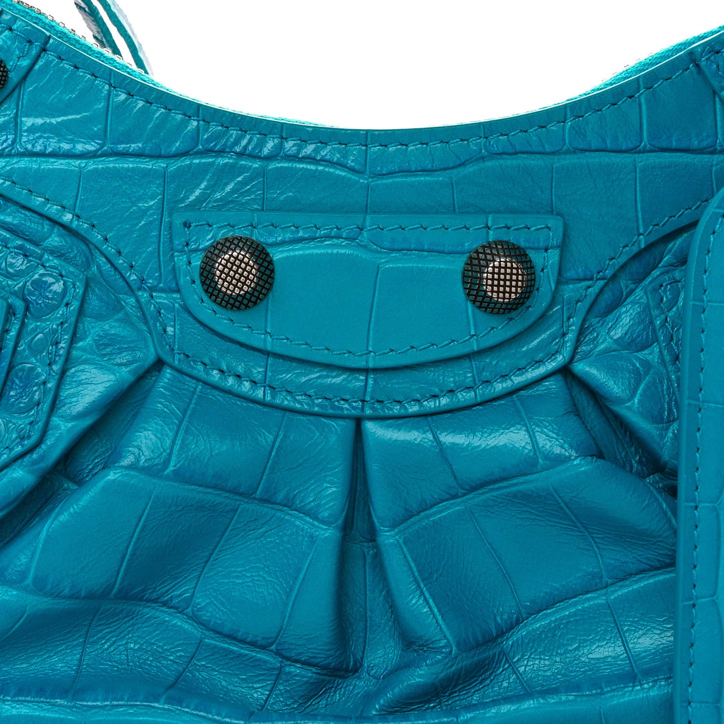 Extra Supple Calfskin Crocodile Embossed Le Cagole Shoulder Bag XS Cyan