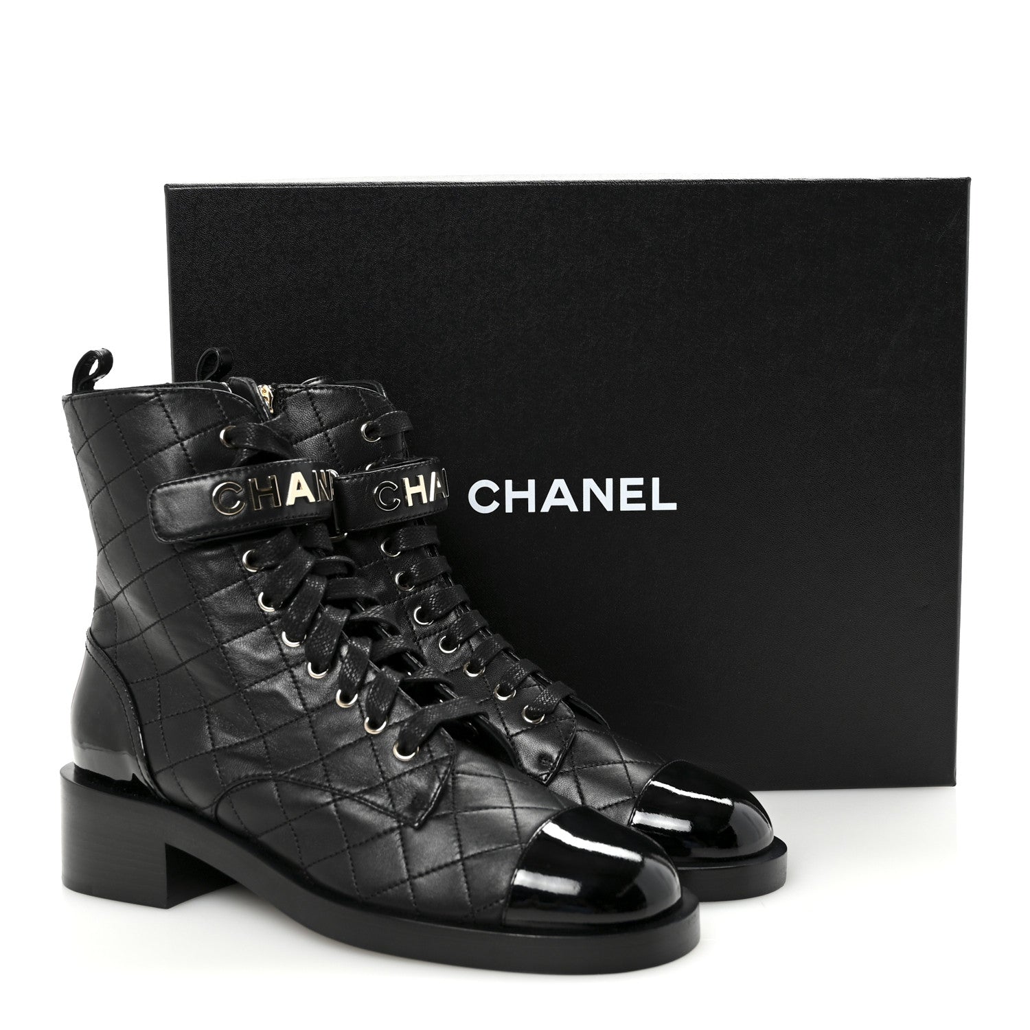 Chanel Lambskin Patent Calfskin Quilted Logo Lace Up Combat Boots 40.5 Black 10 of 10