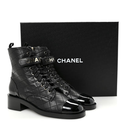 Chanel Lambskin Patent Calfskin Quilted Logo Lace Up Combat Boots 40.5 Black 10 of 10