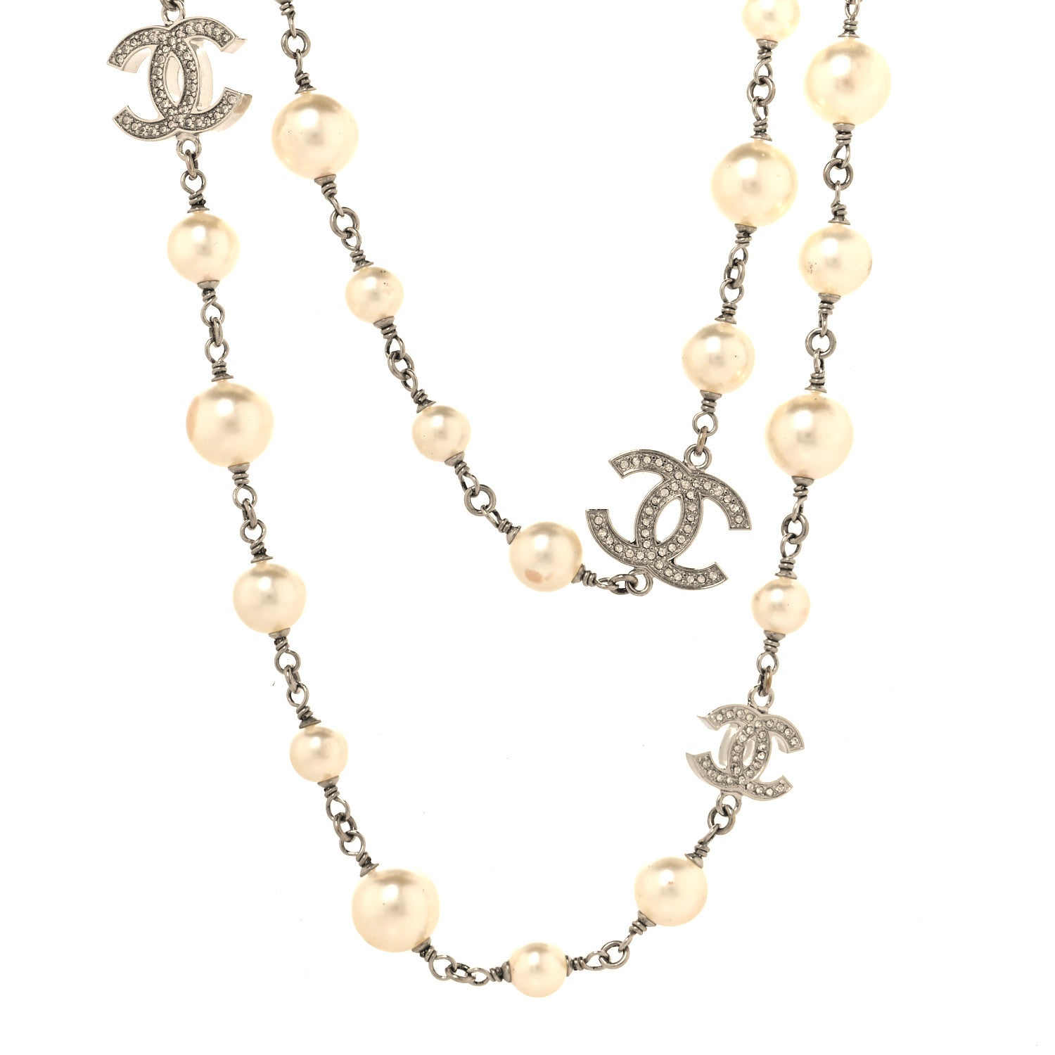 Chanel Graduated Pearl Crystal CC Long Necklace Silver 1 of 7
