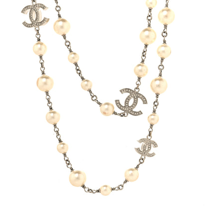 Chanel Graduated Pearl Crystal CC Long Necklace Silver 1 of 7