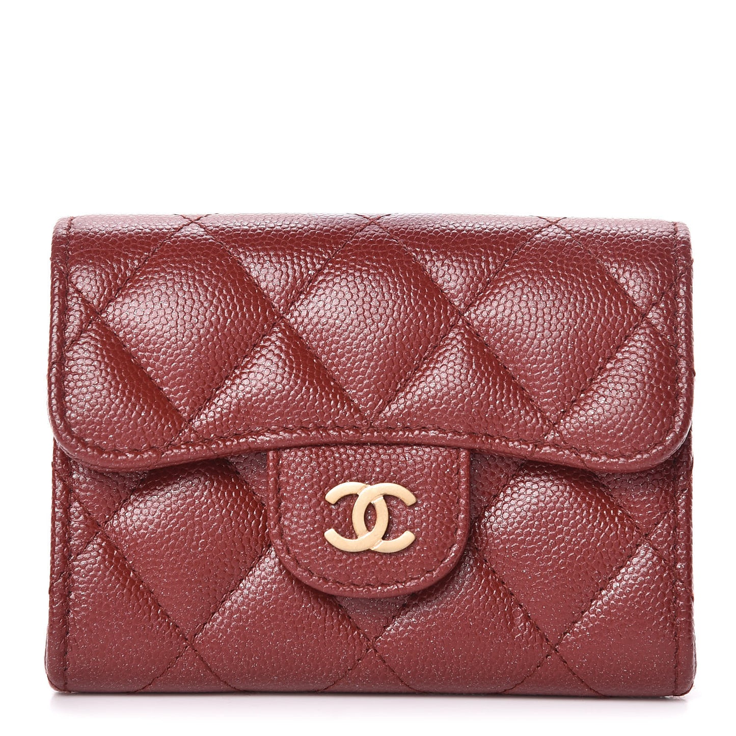 Iridescent Caviar Quilted Flap Card Holder Wallet Burgundy