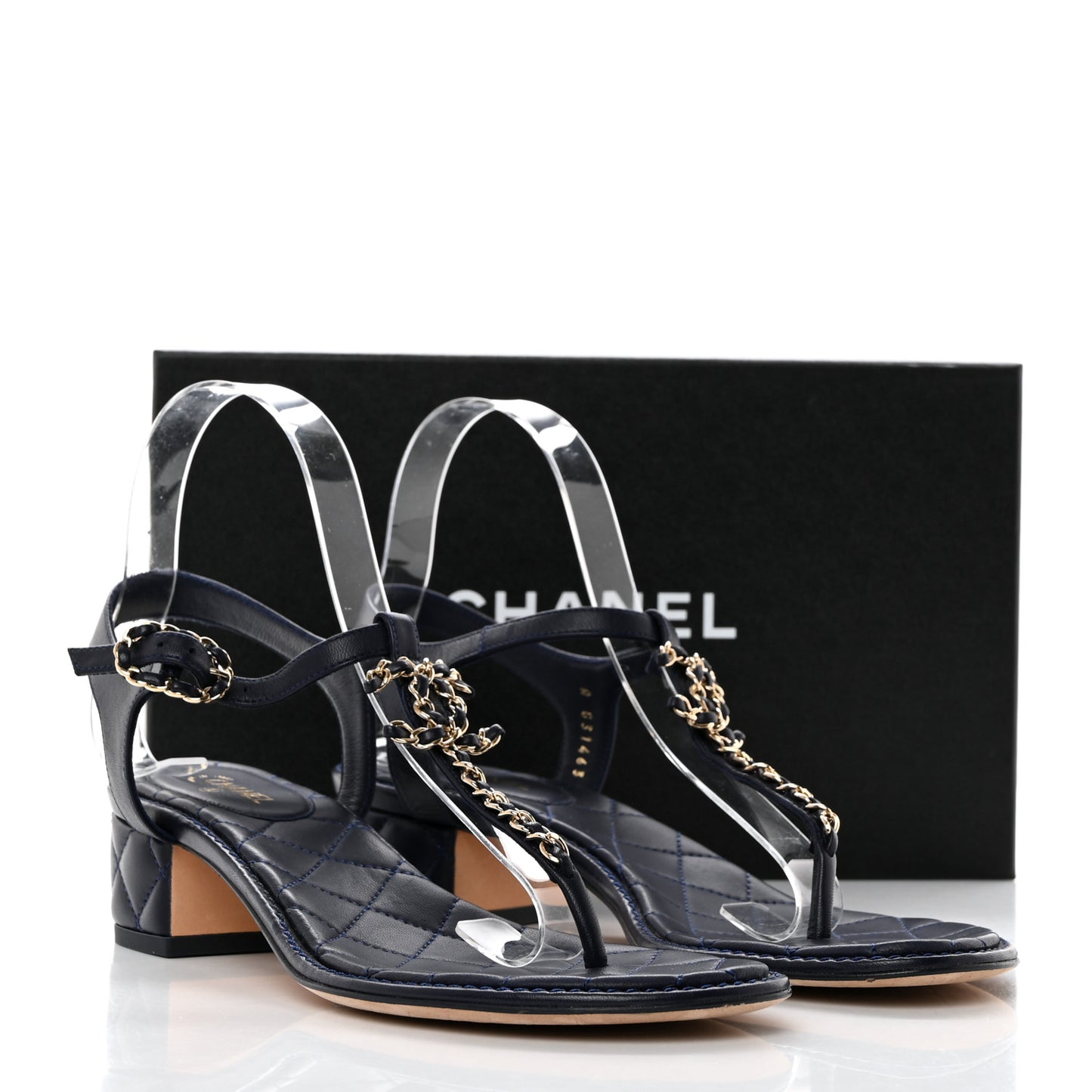 Lambskin Chain CC Logo Thong Sandals 39.5 Navy