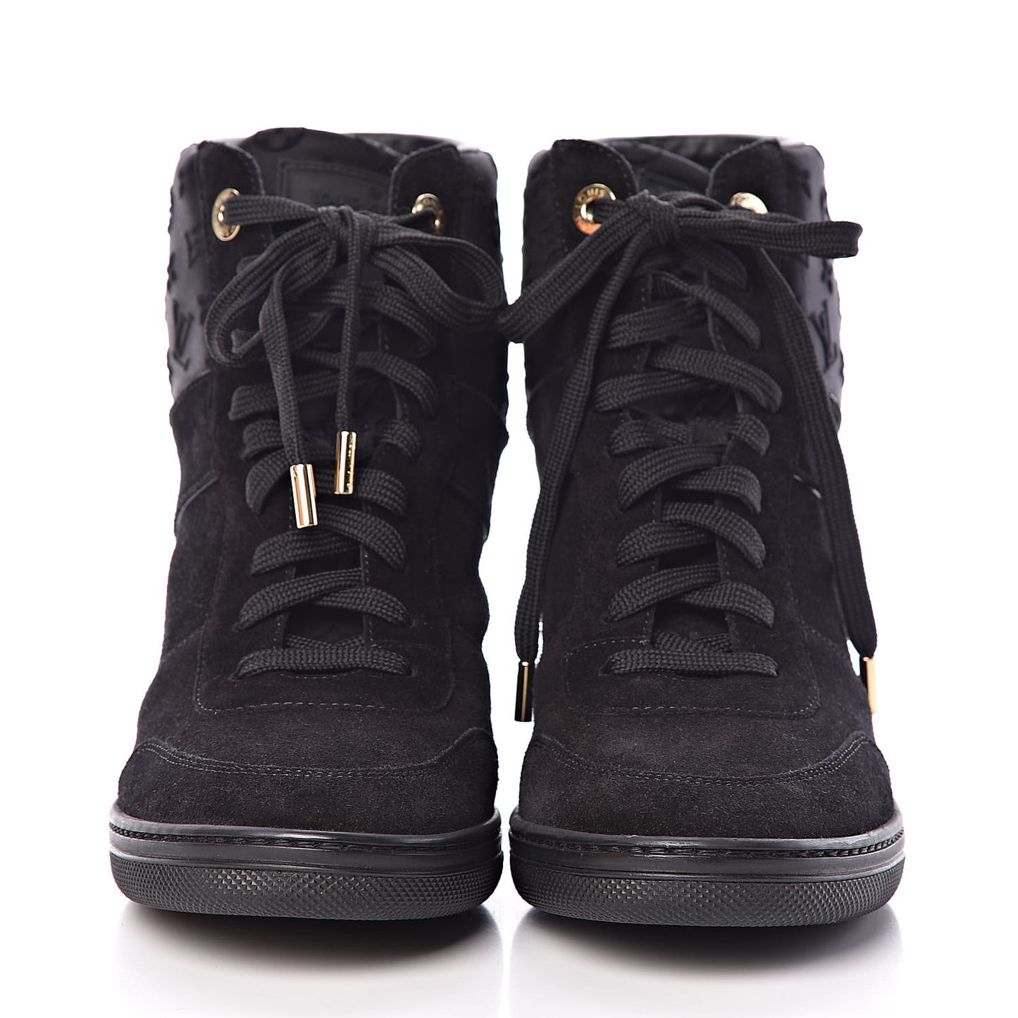 Calfskin Suede Monogram Cliff Top Wedge Sneakers 38.5 Black