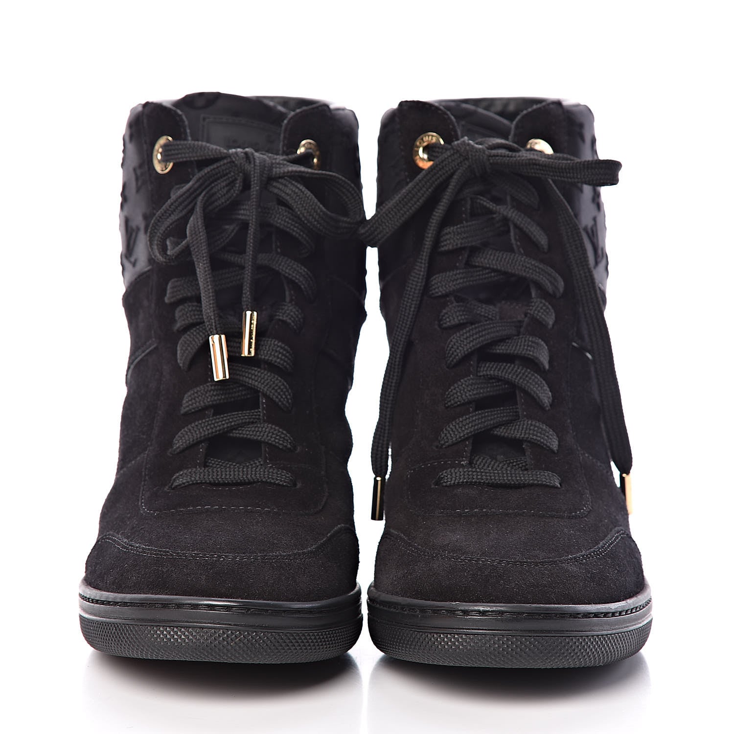 Louis Vuitton Calfskin Suede Monogram Cliff Top Wedge Sneakers 38.5 Black 2 of 8