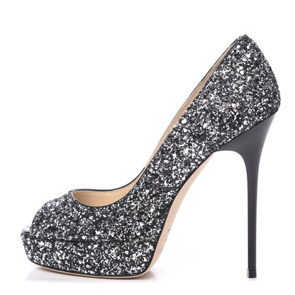 Jimmy Choo Coarse Glitter Crown 120 Peep Toe Platform Pumps 35 Silver Black 1 of 7