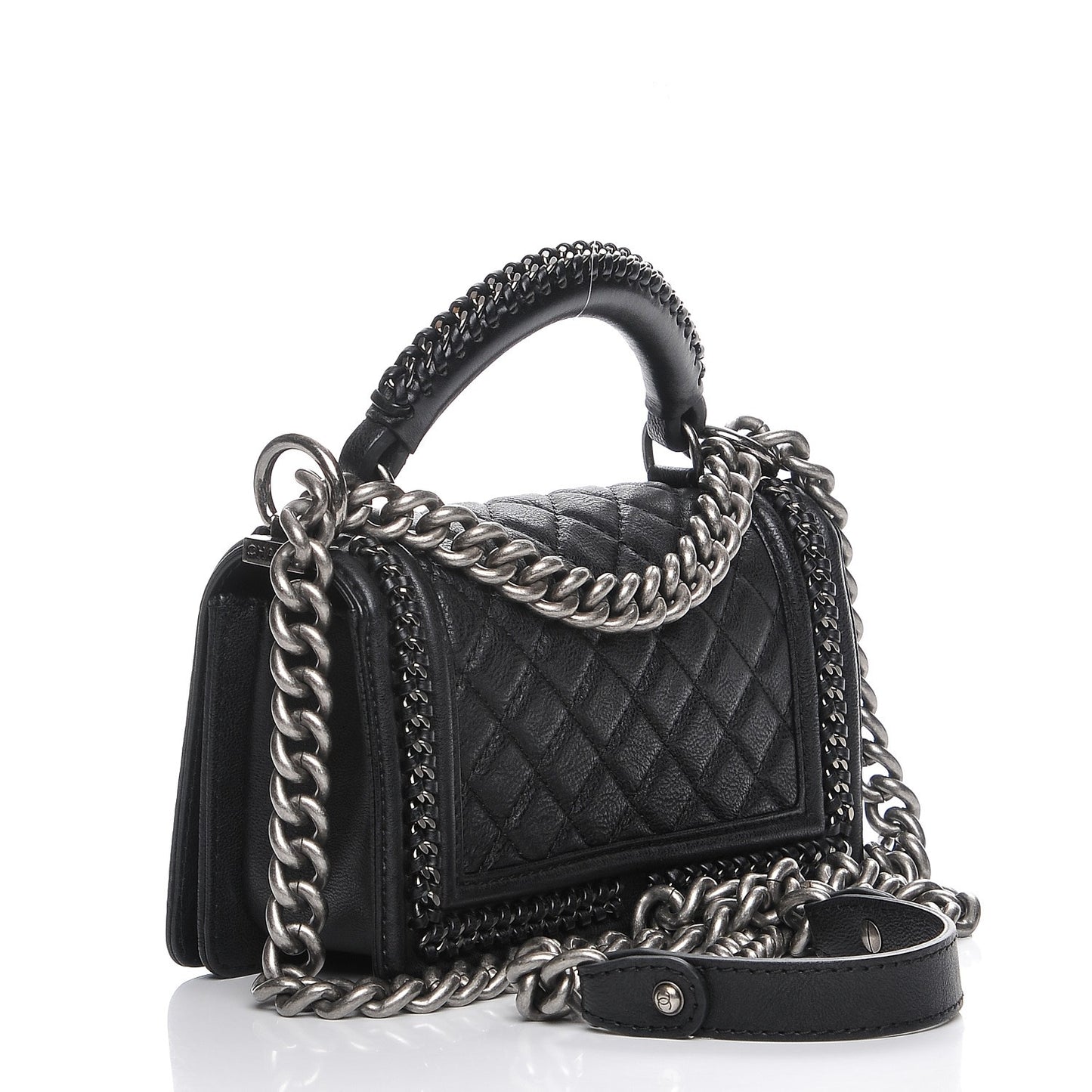 Calfskin Quilted Small Boy Handle Flap Black