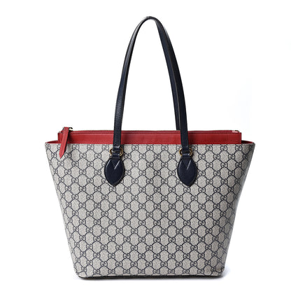 Gucci GG Supreme Monogram Medium Zippered Bucket Tote Beige Blue Hibiscus Red 1 of 11