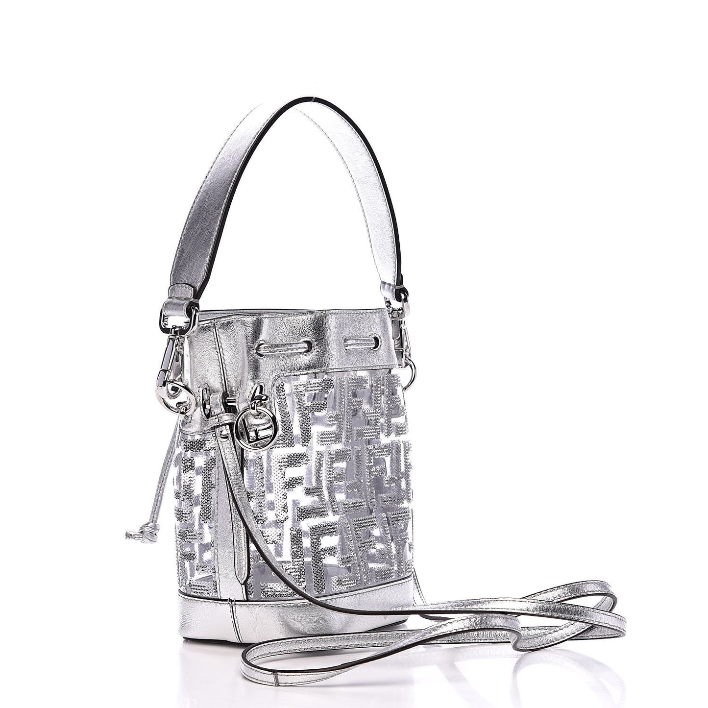 PVC Vitello Catalan Mirror Sequin F is Fendi FF Mini Mon Tresor Bucket Bag Argento