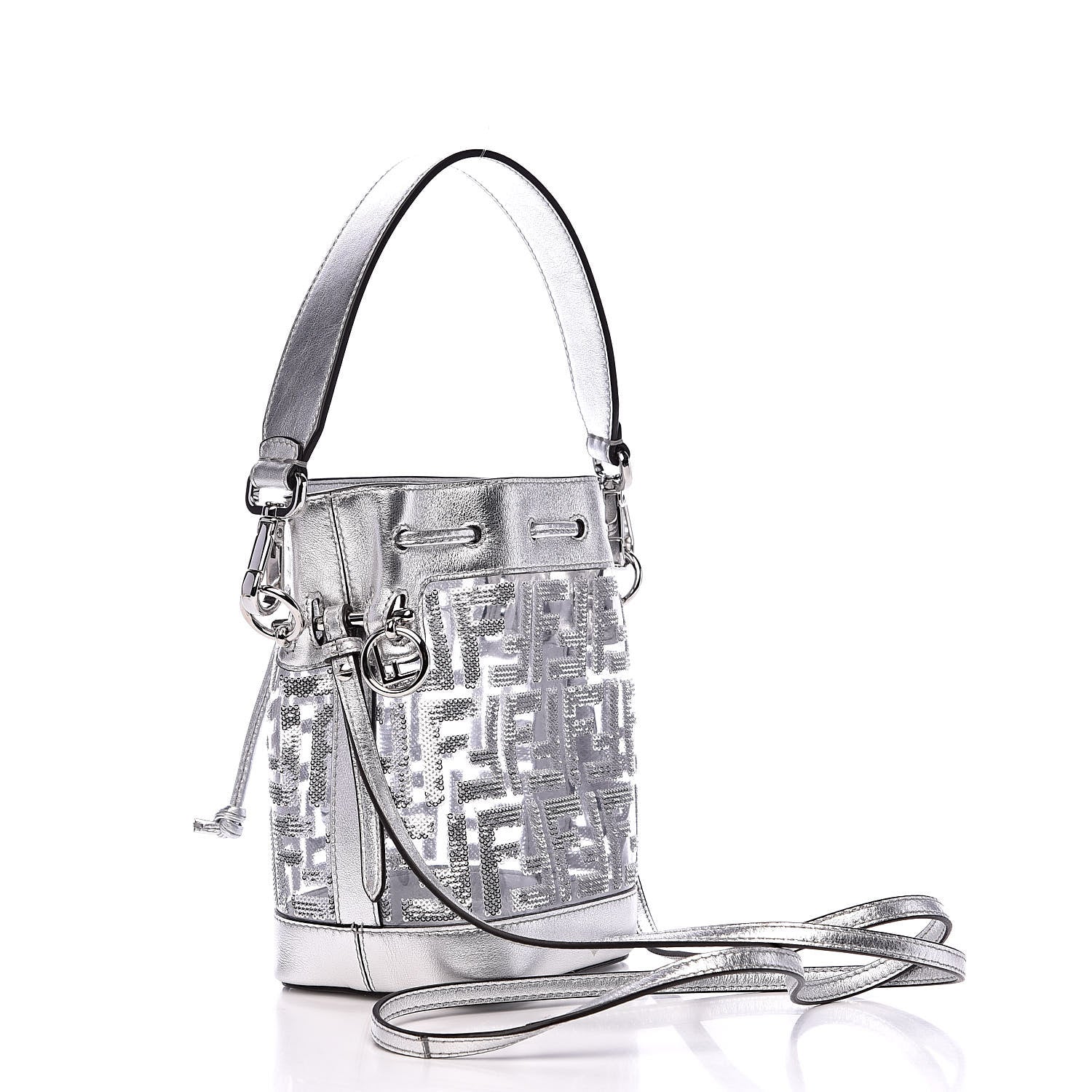 Fendi PVC Vitello Catalan Mirror Sequin F is Fendi FF Mini Mon Tresor Bucket Bag Argento 3 of 9