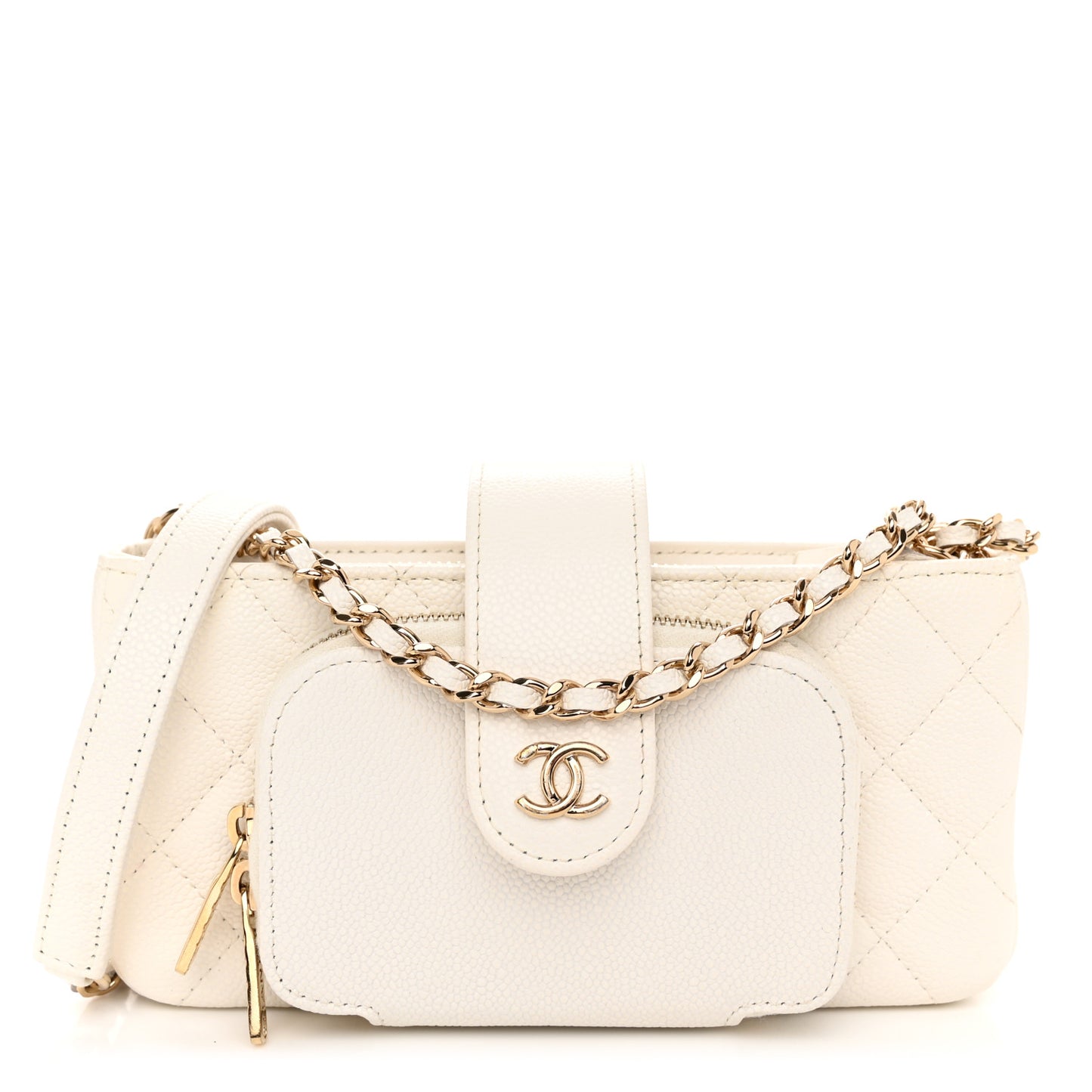 Caviar Quilted Business Affinity Phone Holder With Chain White