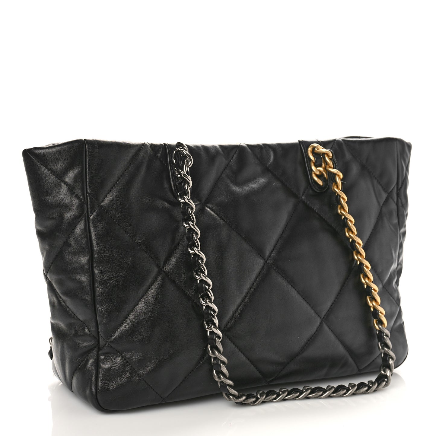 Lambskin Quilted Chanel 19 East West Shopping Bag Black