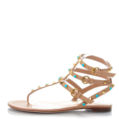 Valentino Garavani Calfskin Rockstud Rolling Ankle Wrap Flat Thong Sandals 36.5 Soft Noisette 1 of 7