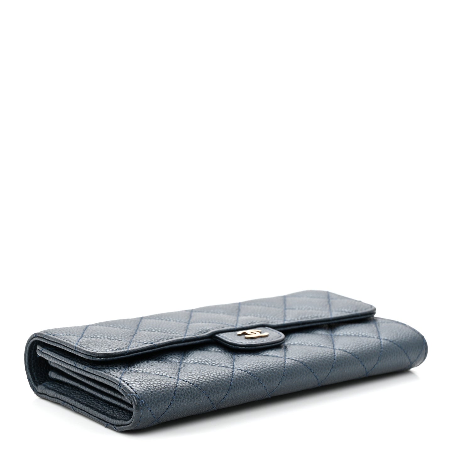 Iridescent Caviar Quilted Large Gusset Flap Wallet Dark Blue