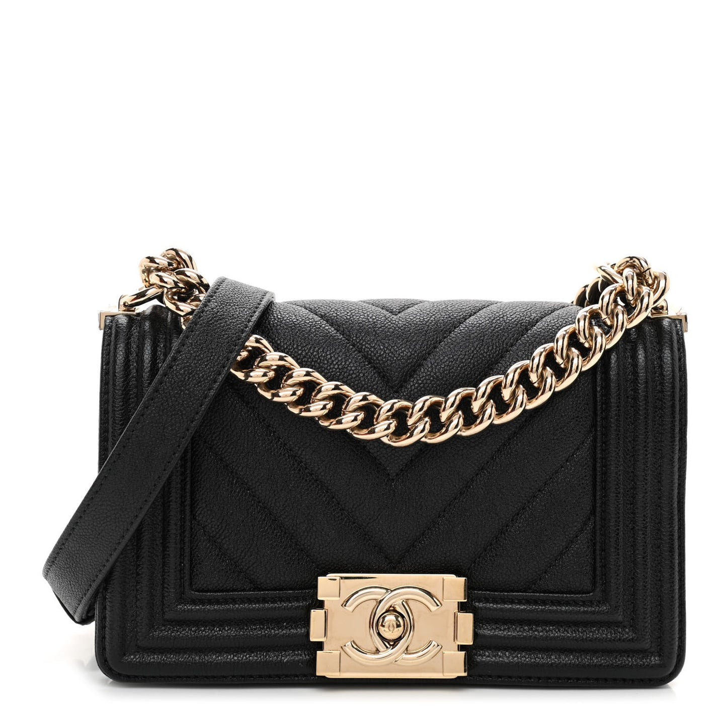 Caviar Chevron Quilted Small Boy Flap Black