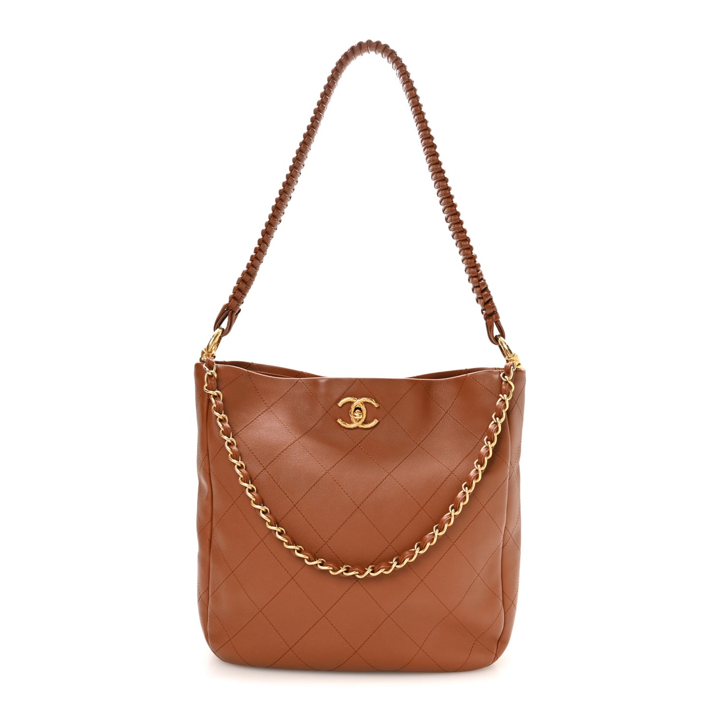 Calfskin Quilted Braided Handle Chain Hobo Brown