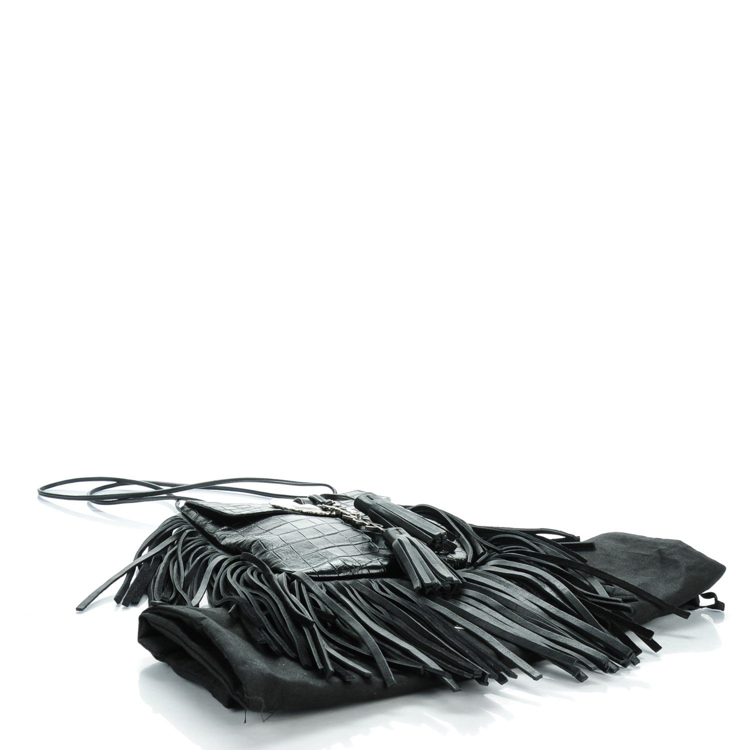 Saint Laurent Calfskin Crocodile Embossed Anita Tassed Crossbody Bag Black 4 of 7