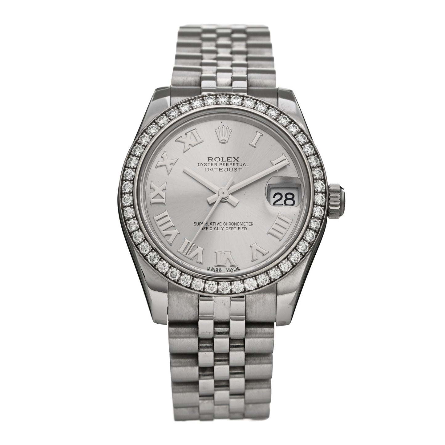 Stainless Steel 18K White Gold Diamond Bezel 31mm Oyster Perpetual Datejust Watch Silver Roman 178384